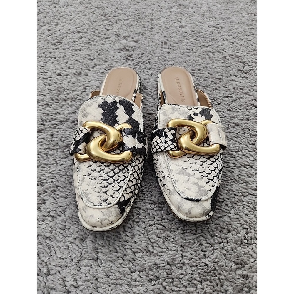 Aerosoles Mules Slides Womens 5 Black White Snake Animal Print Gold Chain Loafer